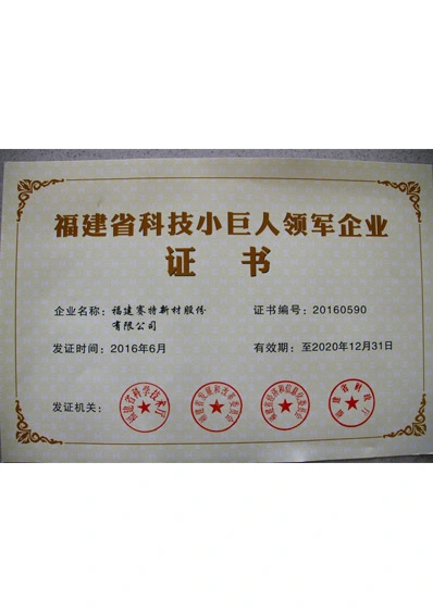 fujian province science and technology little giant leading enterprise certificate 2016